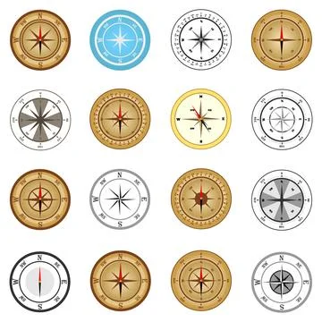 Compass, a large set of navigation compasses. Instrument for navigation. Stock Illustration