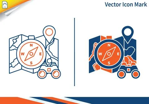 Compass map binoculars icon mark vector set. Illustrazione stock