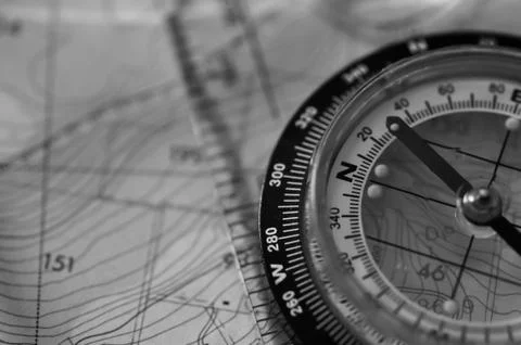 Compass on a Map Black and White Version Stock Photos