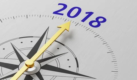 Compass needle pointing to the text 2018 Stock Photos