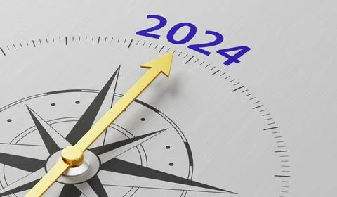 Compass needle pointing to the text 2024 - 3d render Stock Photos