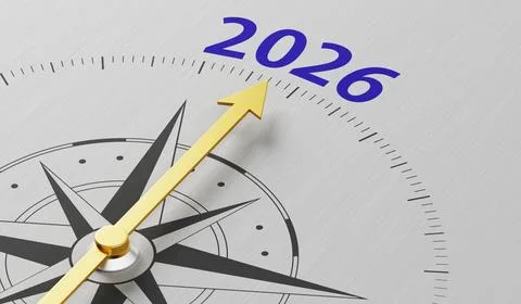 Compass needle pointing to the text 2026 - 3d render Stock Photos