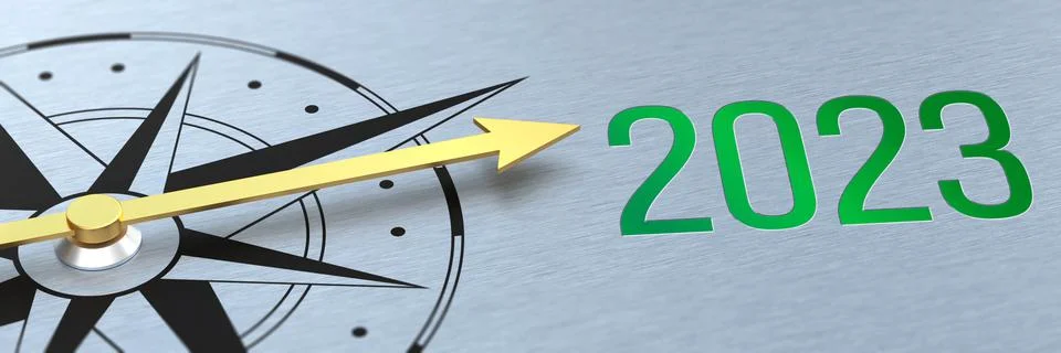 Compass needle pointing to the text Changes coming in 2023 - 3d render Stock Photos