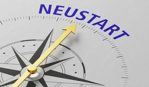 Compass needle pointing to the text Restart in german - Neustart -  3d render Stock Photos