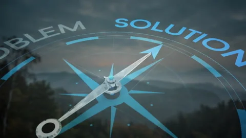 Compass needle pointing towards solution with animation over mountain landscape 動画素材 305045591