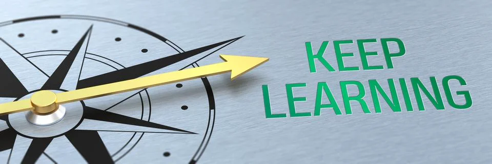 Compass needle pointing to the words Keep learning - 3d rendering Stock Photos