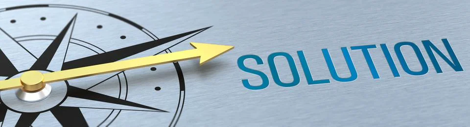 Compass needle pointing to the words Solution - 3d rendering Stock Photos