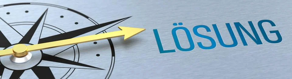 Compass needle pointing to the words Solution in german - Lösung - 3d rend.. 库存照片