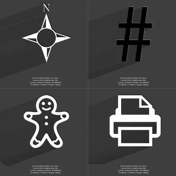 Compass, Number, Gingerbread man, Printer icon sign. Set of Symbols with Flat Stock Illustration