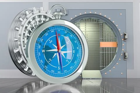 Compass with opened bank vault, 3D rendering Ilustración de archivo