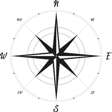 Compass or wind rose in flat and play black and white style. Stock Illustration