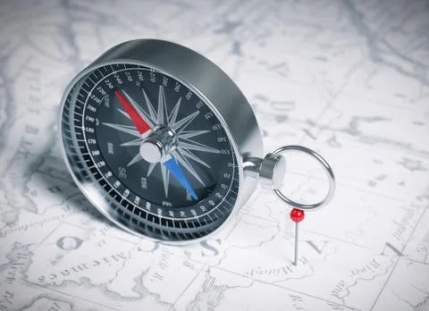 Compass Over Map And Red Pin Stock Photos