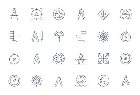 Compass Pixel Aligned Vector Set with 24 256x256 Thin Line Icons Stock Illustration