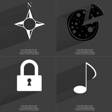 Compass, Pizza, Lock, Note icon sign. Set of Symbols with Flat design and Lon Illustrazione stock