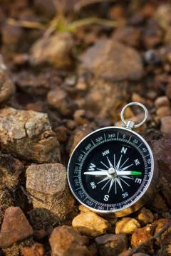 Compass placed on the rock in forest. Stock Photos