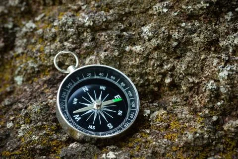 Compass placed on the rock in forest. Stock Photos