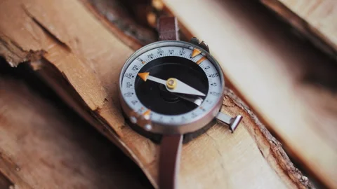Compass Placed on Split Wooden Logs Outdoors Stock Footage 307091914