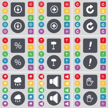 Compass, Plus, Reload, Percent, Signpost, Exclamation mark, Cloud, Sound, Hand i Illustrazione stock