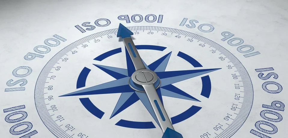 Compass pointing to ISO 9001 standards phrase Stock Illustration