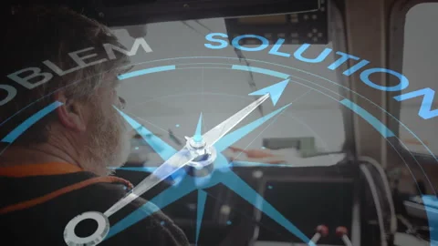 Compass pointing from problem to solution animation over man in vehicle Stock Footage 305020884