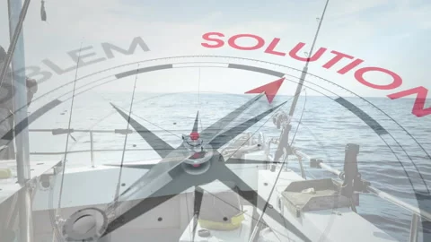 Compass pointing from PROBLEM to SOLUTION animation over fishing boat on ocean Stock Footage 305020886