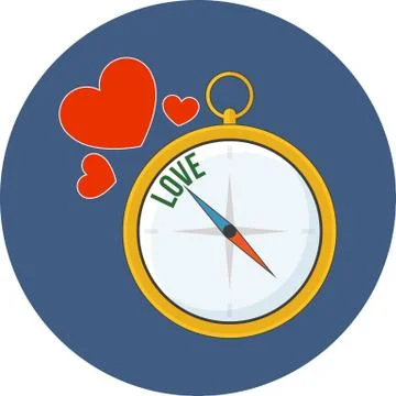 Compass points to love. Flat design. Icon in blue circle on white background Stock Illustration
