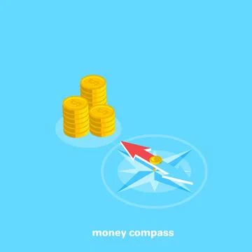 Compass points to a place with money, isometric image Stock Illustration