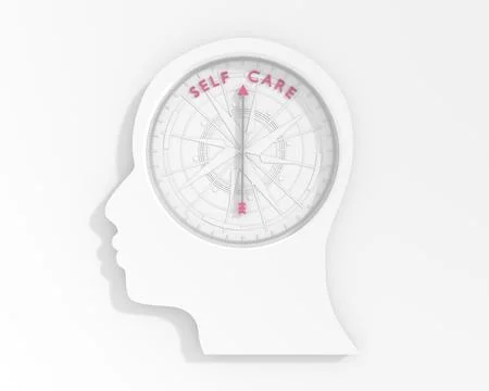 Compass points towards self care. Compass inside human head. Positive thinking Stock Illustration