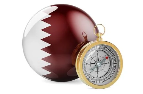 Compass with Qatari flag. Travel and tourism in Qatar concept. 3D renderin... Stock Photos