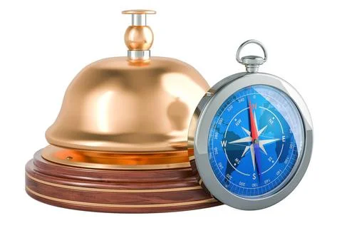 Compass with reception bell. Booking service and travel concept, 3D render... Stock Photos