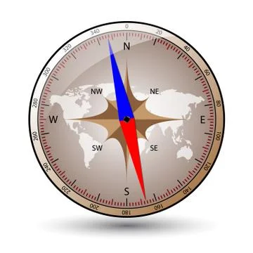 Compass with reflected glass and world map Stock Illustration
