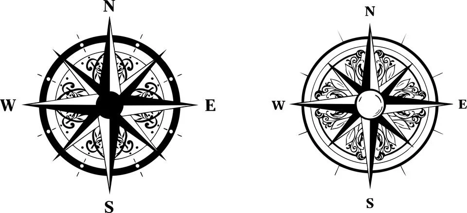 Compass Rose Graphic Two Variations in Black and White Directions Stock Illustration