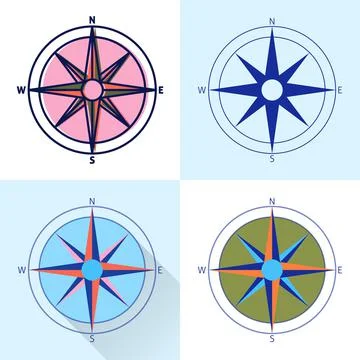 Compass rose icon set in flat and line styles Stock Illustration