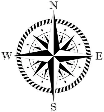 Compass rose vector with four wind directions and cord frame in black and white. Stock Illustration