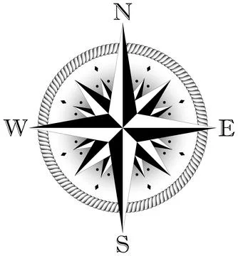 Compass rose vector with four wind directions and Shadow in middle. Stock Illustration