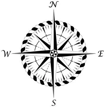 Compass rose vector with four wind directions and cord frame in black and white. Stock Illustration