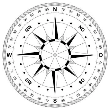 Compass rose vector with German east description. Isolated back. Stock Illustration