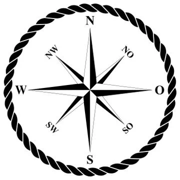 Compass rose vector, nautical rope, German east description isolated white back. Stock Illustration