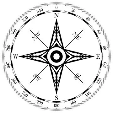 Compass rose vector with Ornament and Scale. Eight directions. Isolated back. Stock Illustration