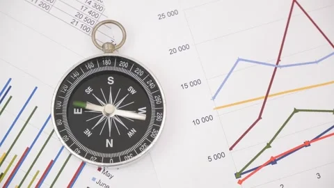 Compass with rotating pointer on financial charts and graphs. Stock Footage 269895429