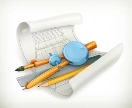 Compass ruler and pencil, technical drawing vector icon Stock Illustration