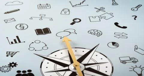 A compass with scribbled icons Illustrazione stock