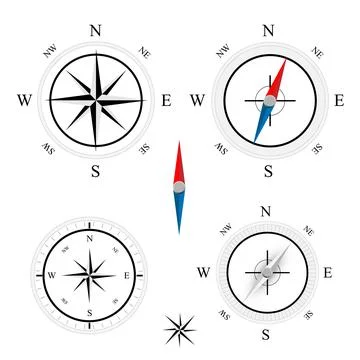 Compass set icons, navigation equipment sign, flat nautical chart wind rose.. Illustrazione stock