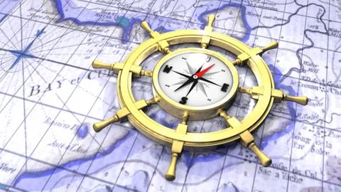 Compass in a ship's wheel over a map Stock Illustration