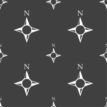 Compass sign icon. Windrose navigation symbol. Seamless pattern on a gray bac Stock Illustration