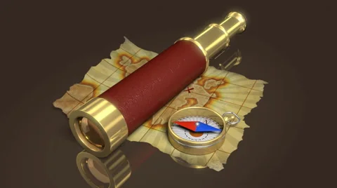 Compass, spyglass and old map, 3d animation Stock Footage 52396702