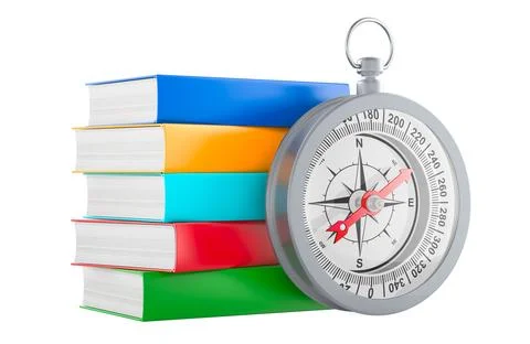 Compass with stack of books, 3D rendering Illustrazione stock