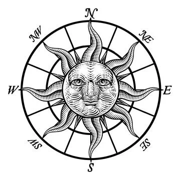 Compass Sun Face Etching Rose Woodcut Drawing Stock Illustration