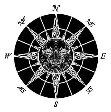 Compass Sun Face Etching Rose Woodcut Drawing Stock Illustration