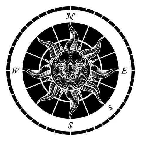 Compass Sun Face Etching Rose Woodcut Drawing Stock Illustration